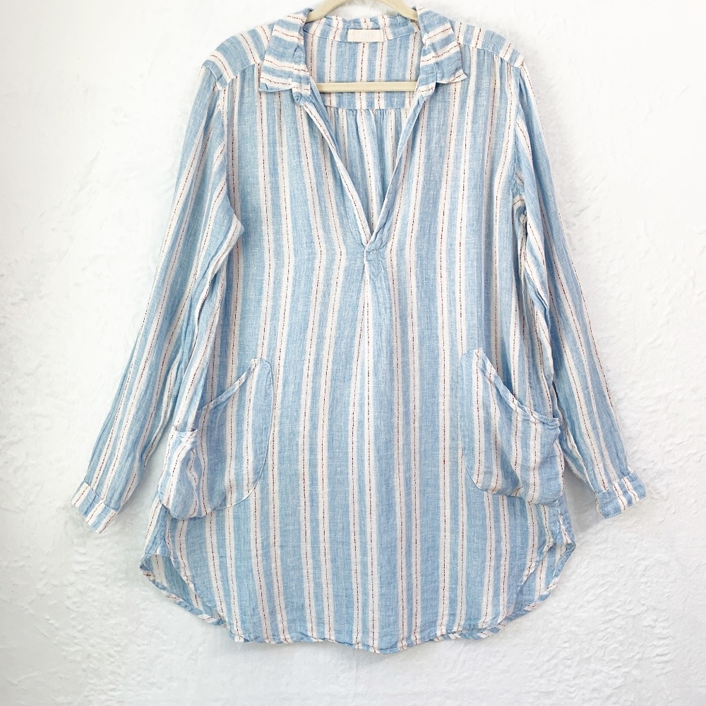 CP Shades Blue and White Striped Linen Long Sleeve Tunic Sz M
